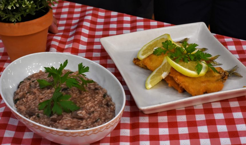 Filetes de sardinha com arroz de feijão